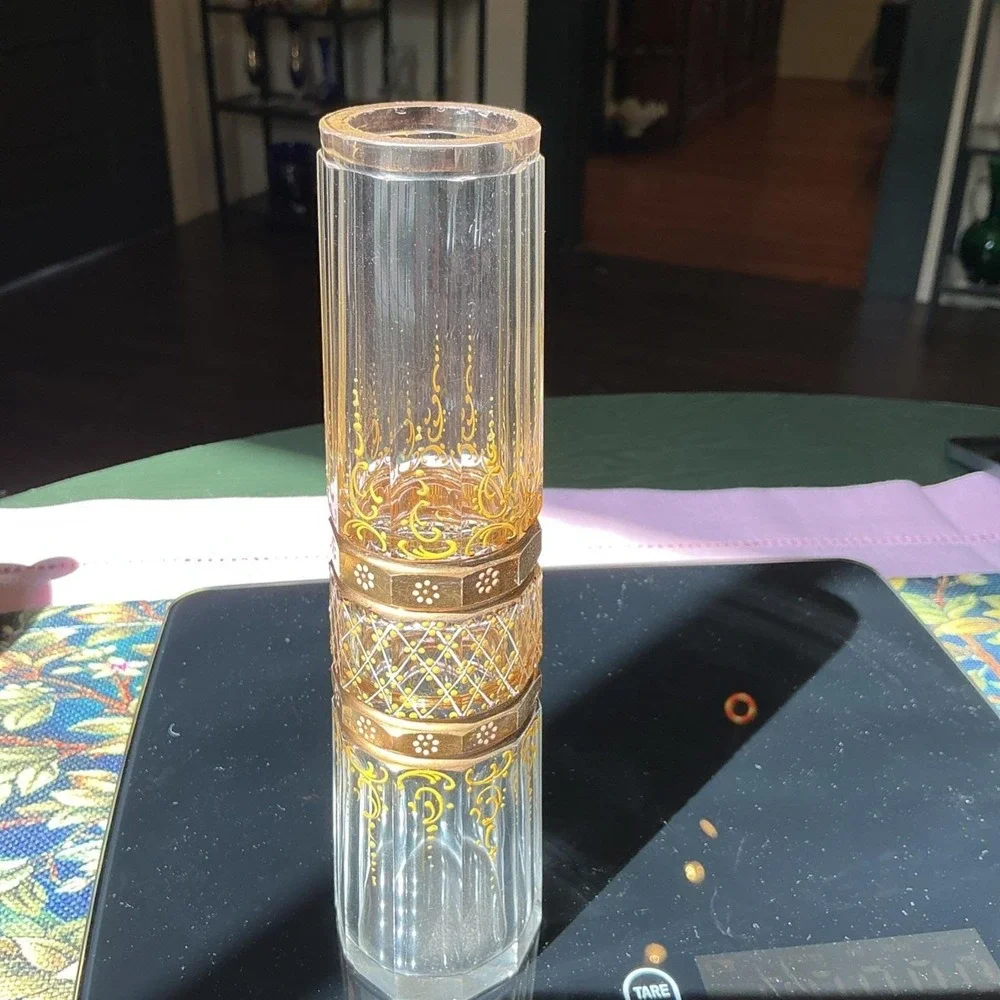 Antique Bohemian Hand‎ Painted Gilded Glass Vase, 7.75